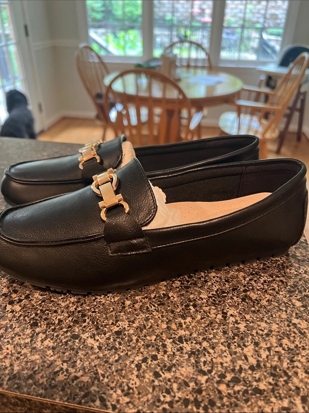 Black Loafers with Gold Chain Detail
